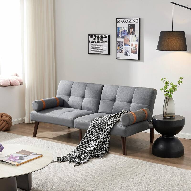 Convertible Sofa Bed Futon with Solid Wood Legs in Linen Fabric