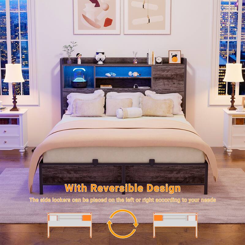 Platform Bed Frame with Reversible Storage Bookcase Headboard and Charging Station and RGB LED Lights
