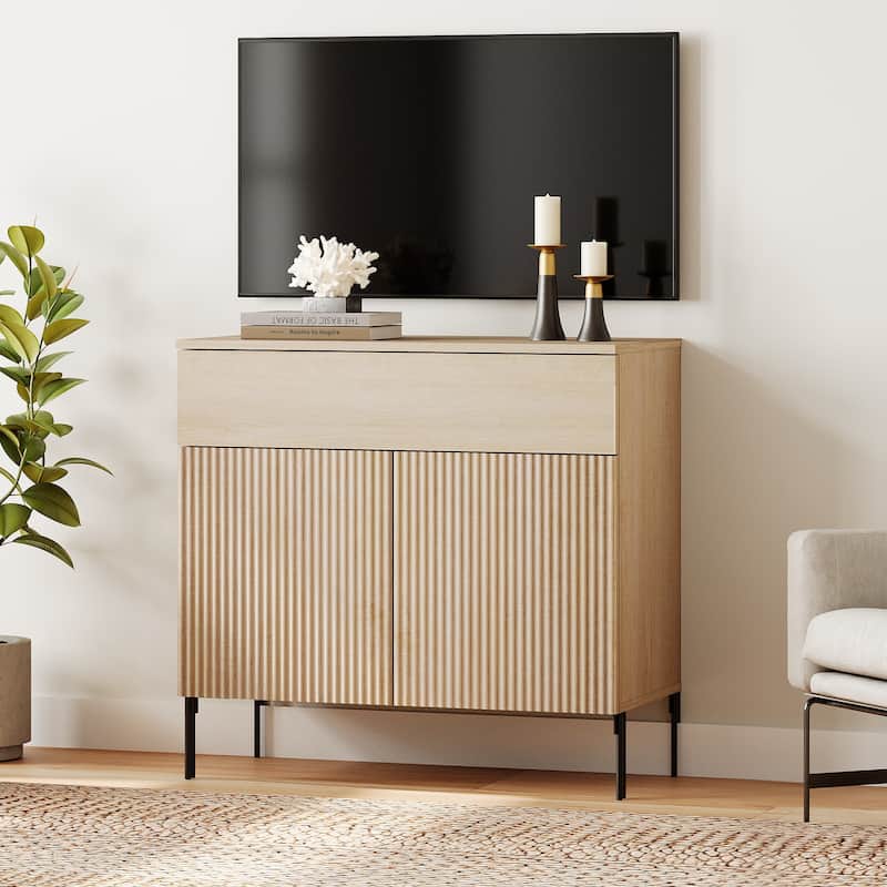 31.5" Modern Reeded TV Stand With Doors, Entertainment Center With Shelf, Wooden TV Console