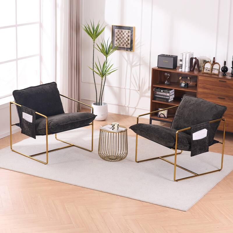 Upholstered Hanging Armchair with Arm PocketsMetal Frame, Gold-Plated Craftsmanship,2 Chairs in 1 Box - Grey