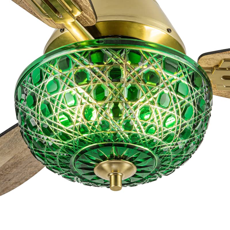 Izzy River of Goods 3-blade 42-inch Modern Indoor Ceiling Fan with Green Hand-Cut Glass Shade and Remote Control