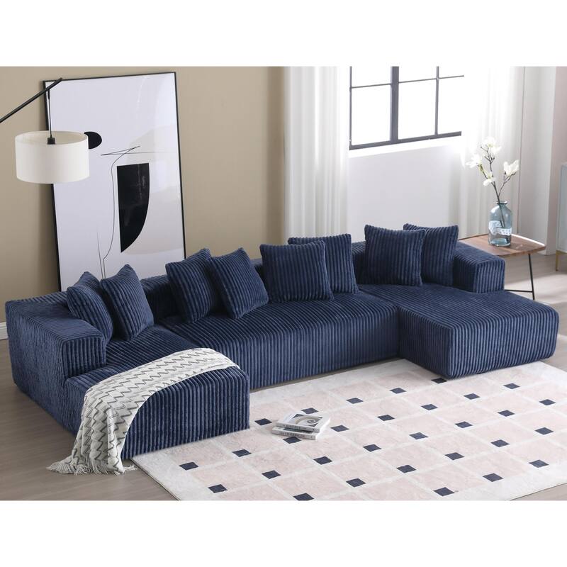 Large U-Shaped Sectional Couch with Chaise Lounge, Striped Corduroy Upholstery, Blue