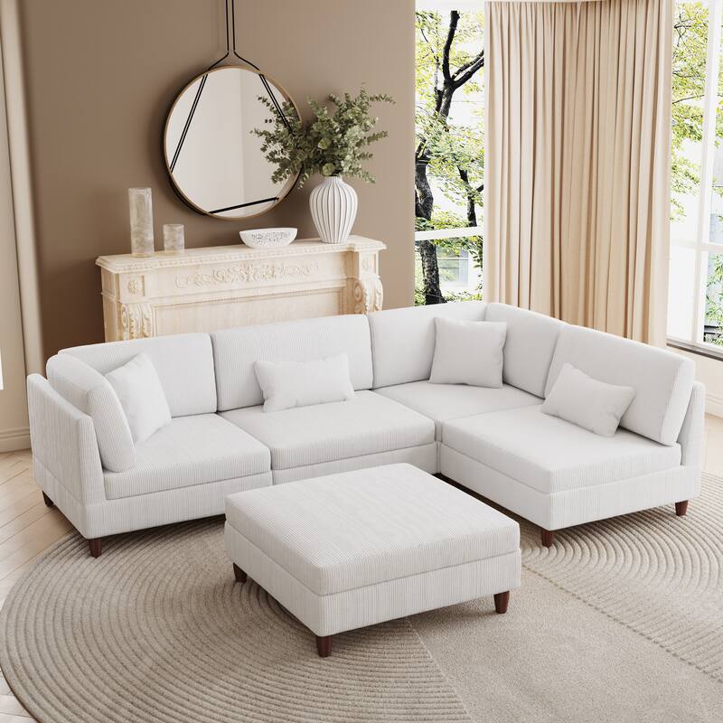 Corduroy Convertible Couch Modular Sectional Sofa with Ottoman - 5-Piece Beige - Reversible