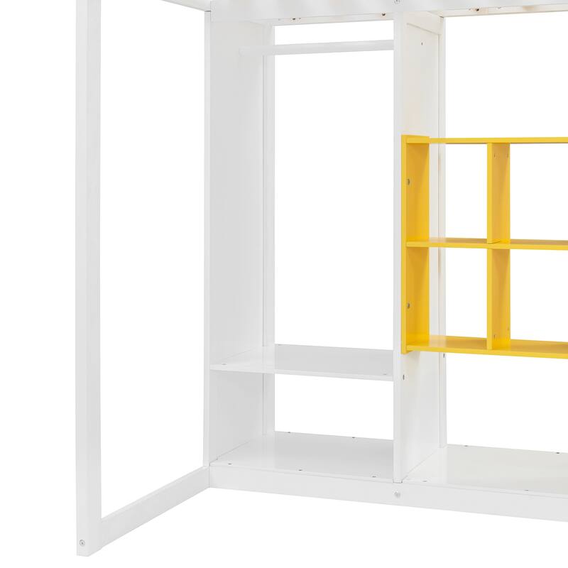 White and Yellow Twin Size Wood Loft Bed with Wardrobe, Shelves, and Cabinet