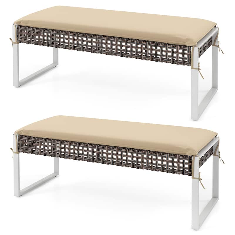 2-Piece Patio Ottoman Set Woven PE Rattan Footstools with Beige Cushions for Outdoor Seating - 44.5" x 18.5" x 16.5"