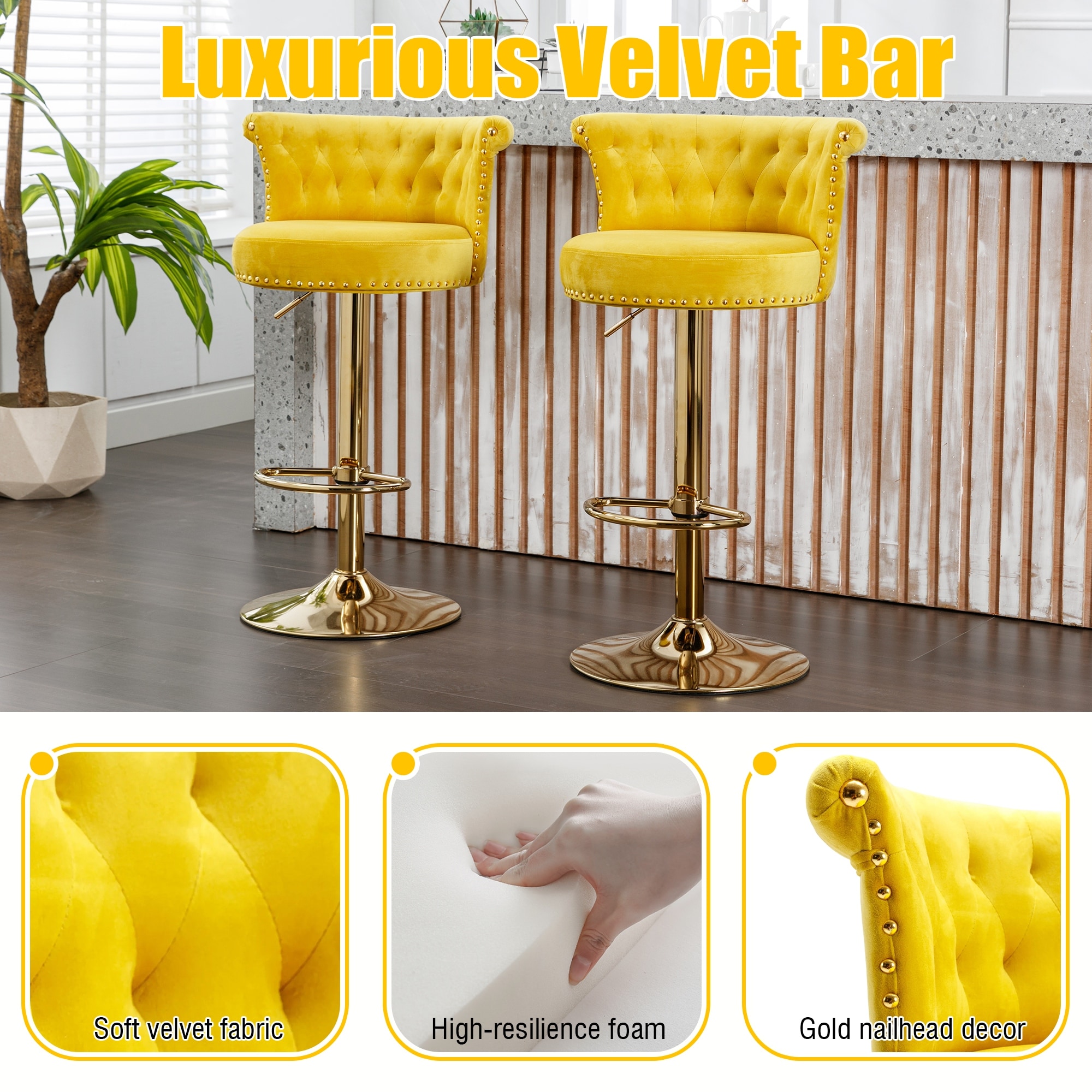 Velvet Rotating Bar Chair With Adjustable Height And Soft Pillow
