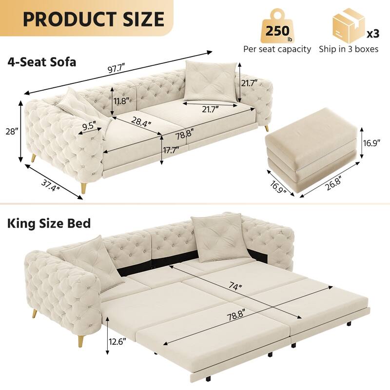 GDFStudio - Velvet 97.7" 3-in-1 Convertible Sleeper Sofa with Pull-Out Bed