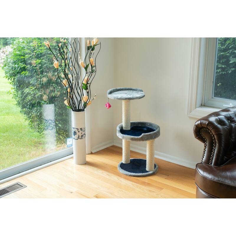Three-Level Real Wood Compact Scratcher, Gray W Plush Perch - 16"(L)X16"(W)X30"(H)