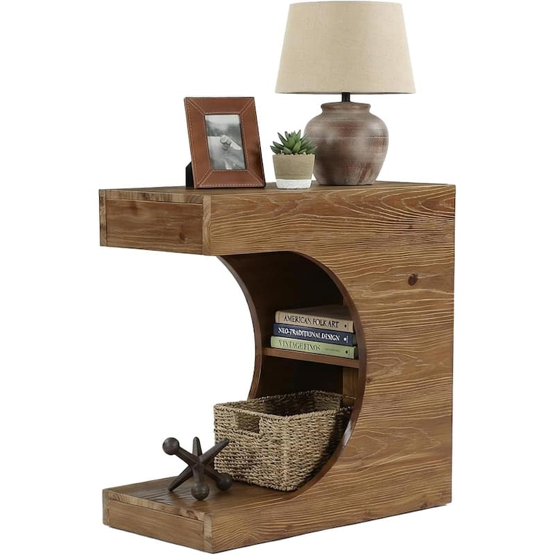 Solid Wood End Table, Modern C-Shaped Side Table with 2-Tier Storage - 11.8" W × 23.6" L × 23.6" H