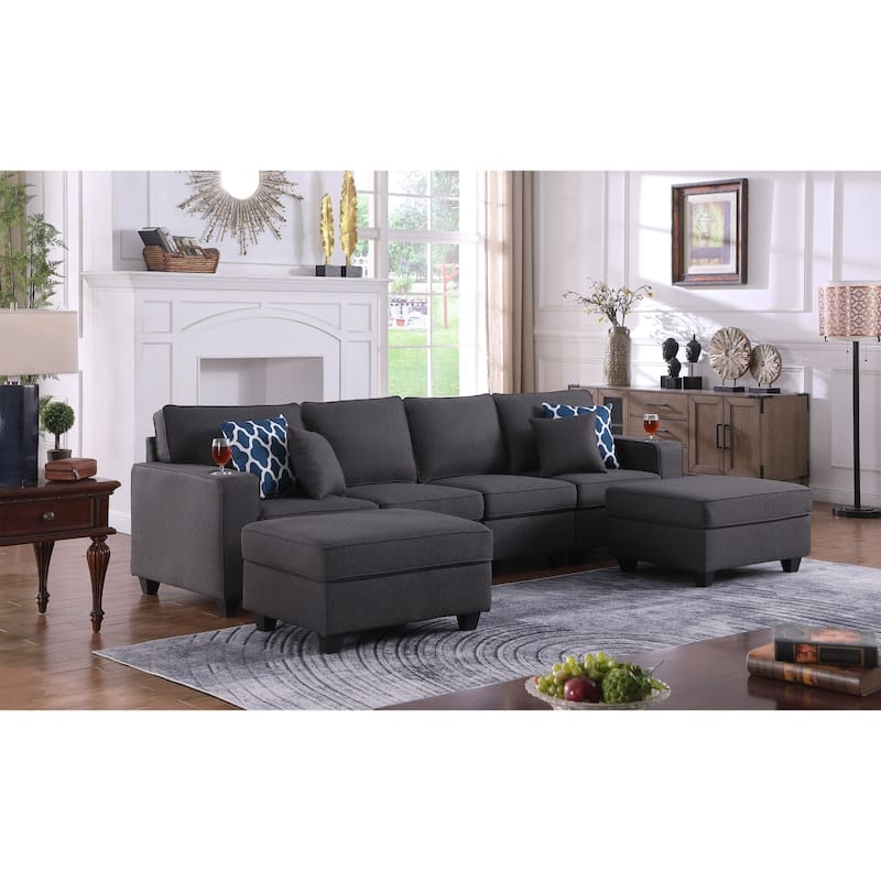Linen Upholstered Linen 4-Seater Sofa with 2 Ottomans in Dark Gray - Dark Gray/Brown