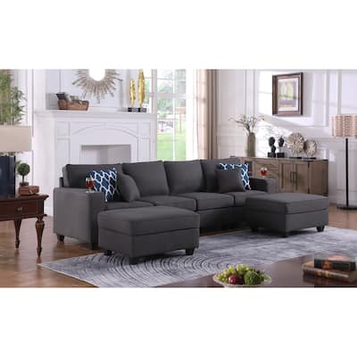 Linen Upholstered Linen 4-Seater Sofa with 2 Ottomans in Dark Gray