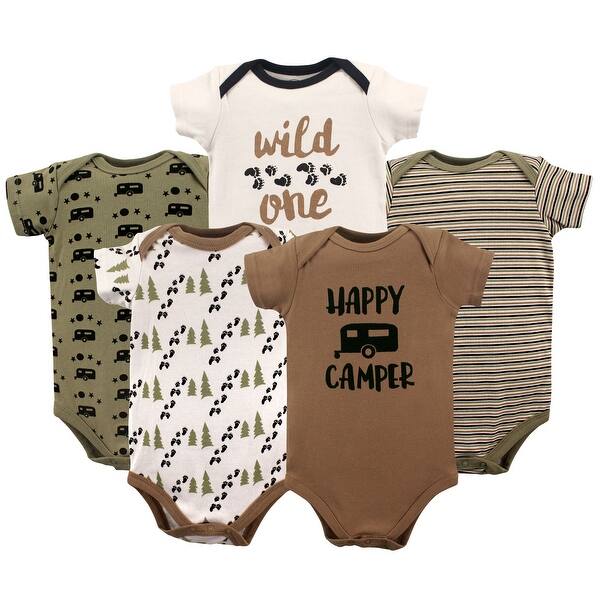 slide 1 of 1, Luvable Friends Baby Boy Cotton Bodysuits 5pk, Happy Camper 0-3 Months - Happy Camper