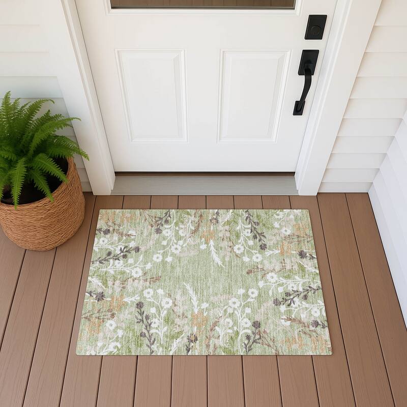 Machine Washable Indoor/ Outdoor Floral Border Chantille Rug - Aloe - 1'8" x 2'6"