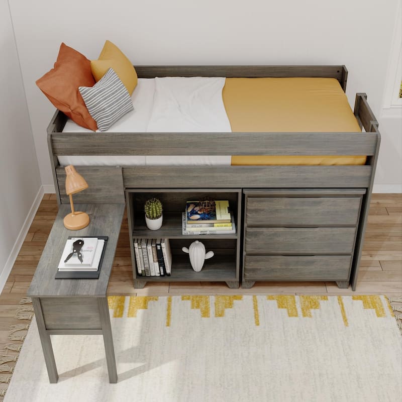 Max and Lily Farmhouse Twin Low Loft with Dresser, Bookcase and Desk