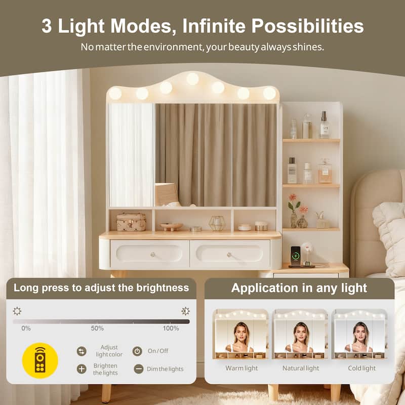 Vanity Desk with Mirror and Lights,Makeup Vanity with 2 USB Power Strip,Vanity Set with Two Drawers and Three-drawer Chest
