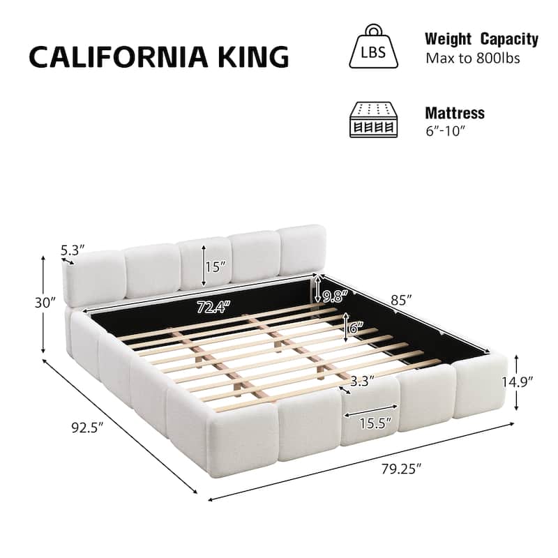 Boucle Upholstered Bed Low Profile Grounded Bed Block-shape Floor Bed Wingback Platform Bed with Thick Headboard and Footboard