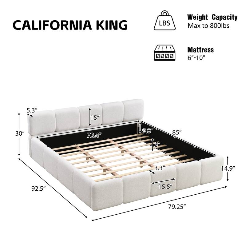 Block Style Boucle Platform Bed Upholstery Grounded Bed Frame w/Thick Headboard & Footboard, Wooden Slat Support, Easy Assembly