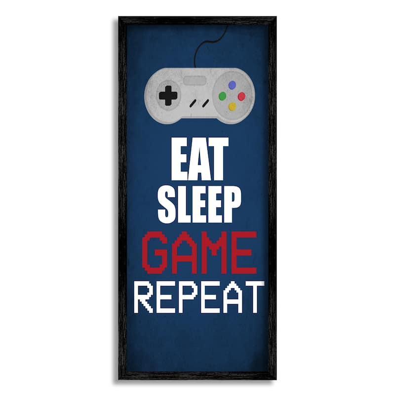 Stupell Eat Sleep Game Repeat Pixel Typography Vintage Controller Framed Wall Art - Blue - 10 x 24 - Black