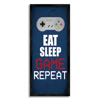 Stupell Eat Sleep Game Repeat Pixel Typography Vintage Controller Framed Wall Art - Blue