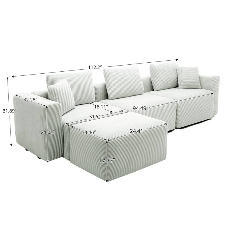 Corduroy Sectional Modular Sofa with Square Arms & Ottoman Extension for Flexible Arrangements