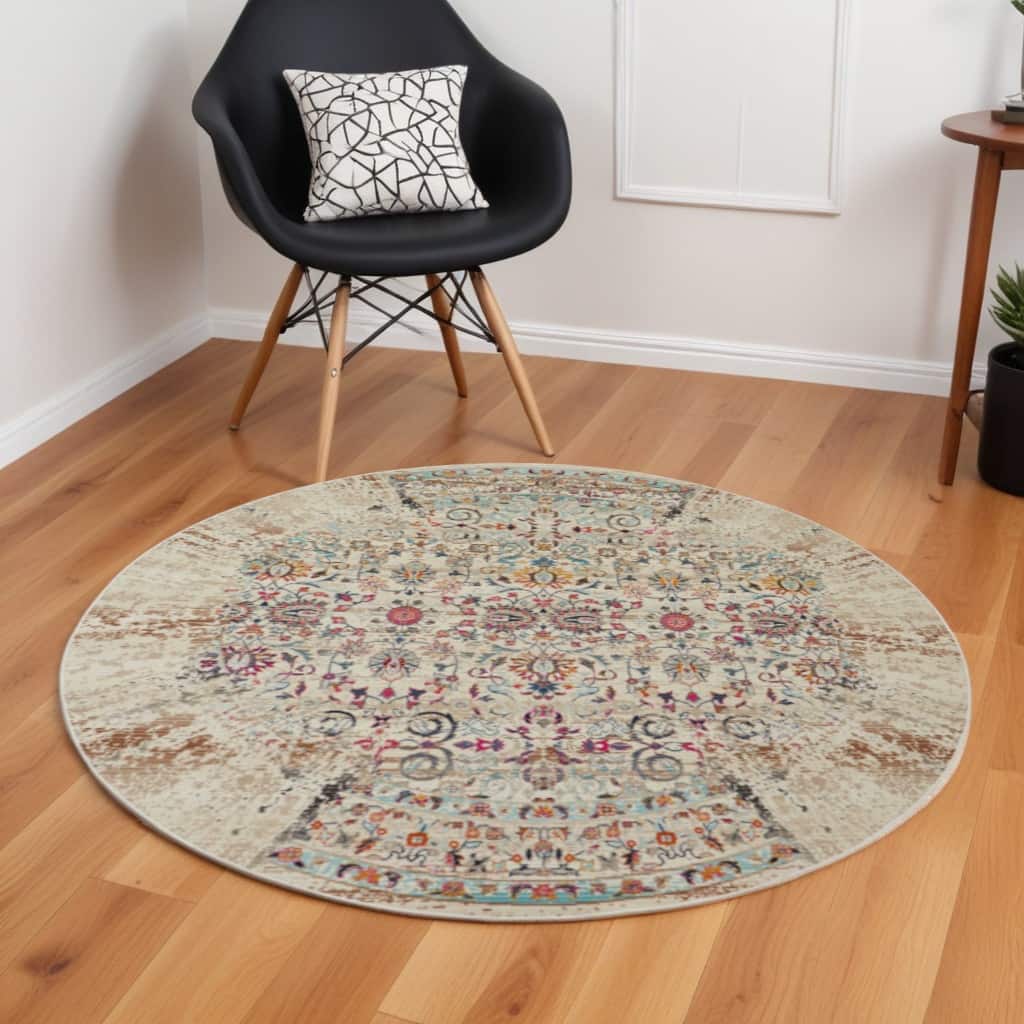 HomeRootsFloral Transitional Round Area Rug - 72' X '72' X '0.5