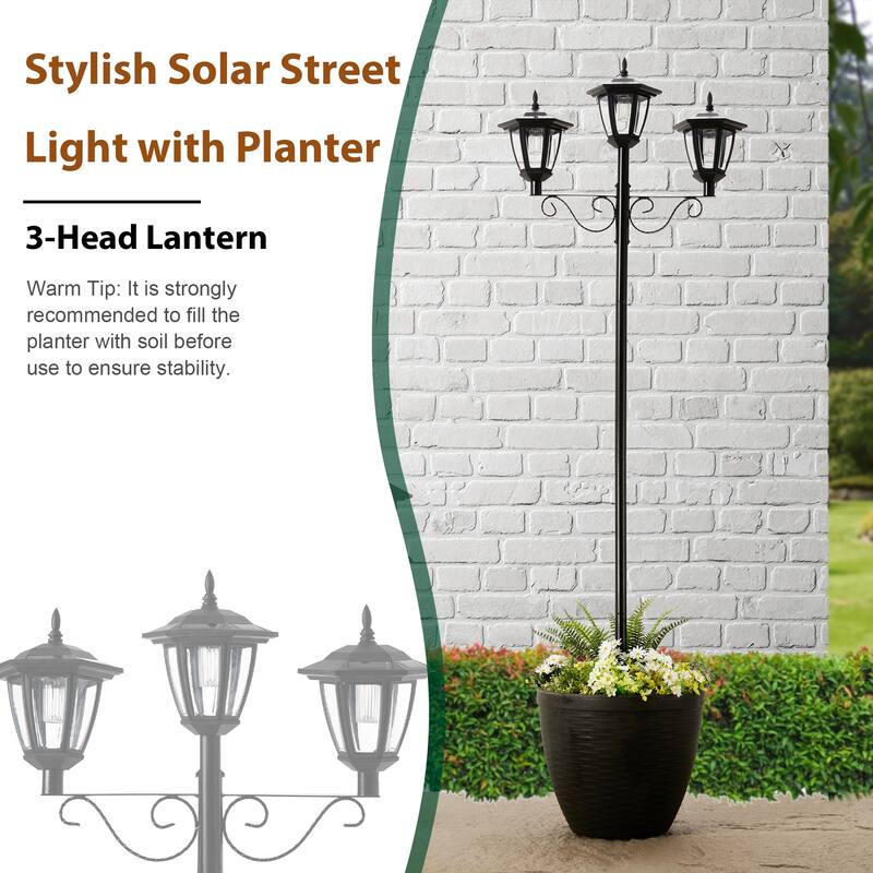 Glitzhome 6FT Solar 3-Head Lamp Street Light with Planter Pot - Black
