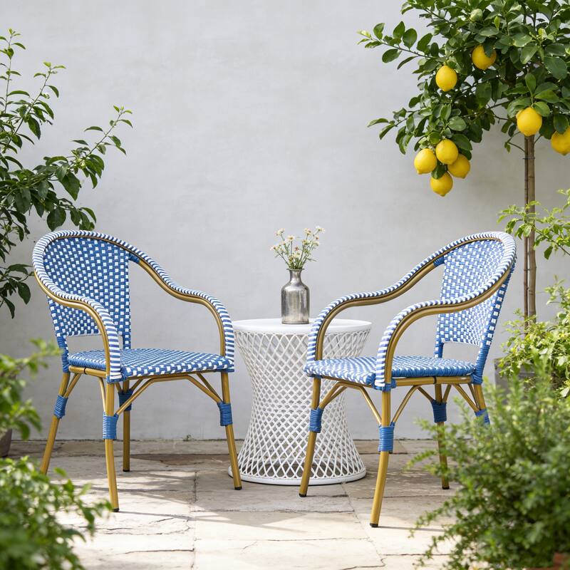 Christopher Knight Home - CaféBreeze Outdoor PE Wicker Dining Armchair with Aluminum Frame - Blue,Natural+White_Set of 2