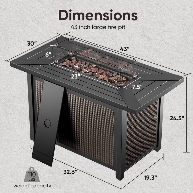 Outdoor Propane Fire Pit Table - 55000 BTU, Adjustable Flames - Rectangle