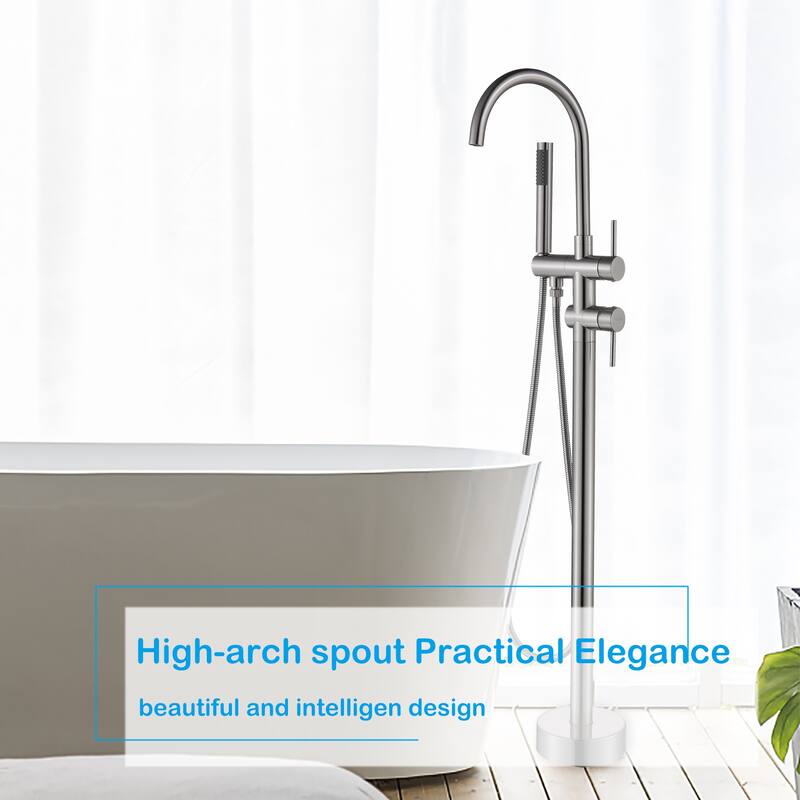 Modern 2-Handle Floor Mounted Freestanding Tub Filler with Handheld Showerhead in Black and Silver - Silver