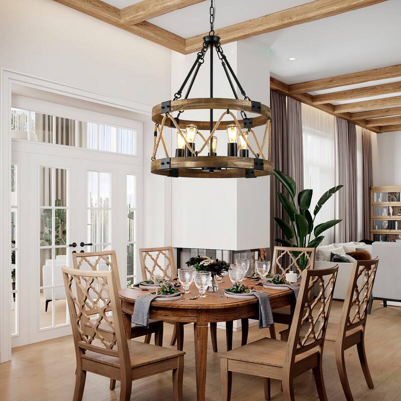 Oaks Aura Wooden Chandelier,Farmhouse Wood Pendant Light,Caged Light Height Adjustable Hanging Lamp for Living Room,Dining Room