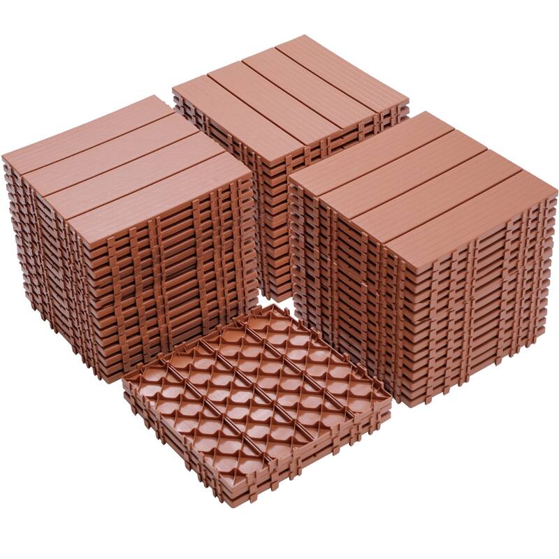 Plastic Interlocking Deck Tiles, 12.00"x12.00"(Pack of 44), Patio Flooring Outdoor Waterproof All Weather Use - Mahogany