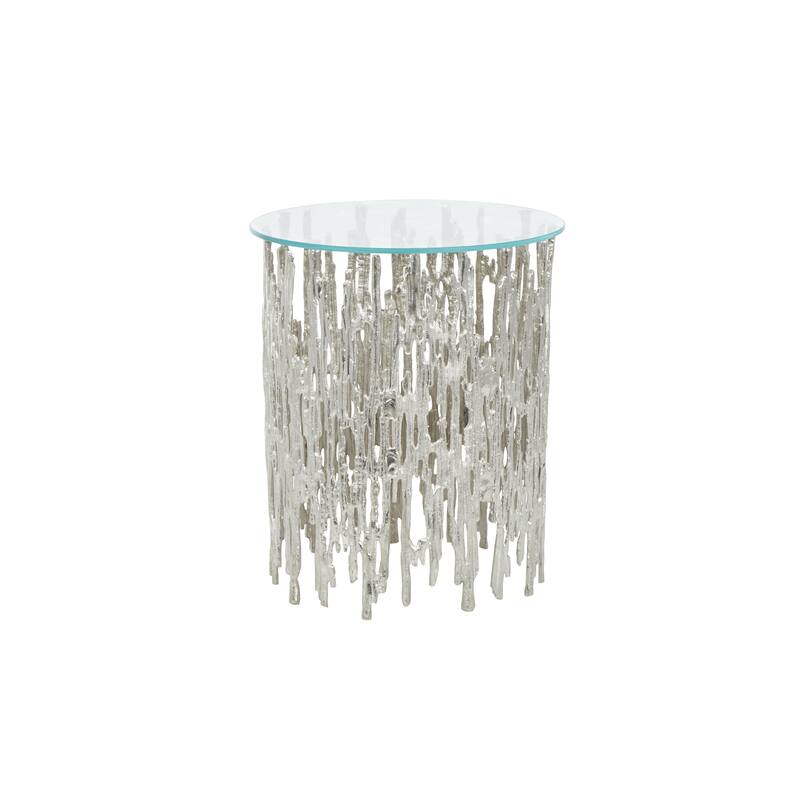 Aluminum Metal Abstract Metallic Cutout Side End Accent Table with Glass Tabletop - Silver - Roche River Decor