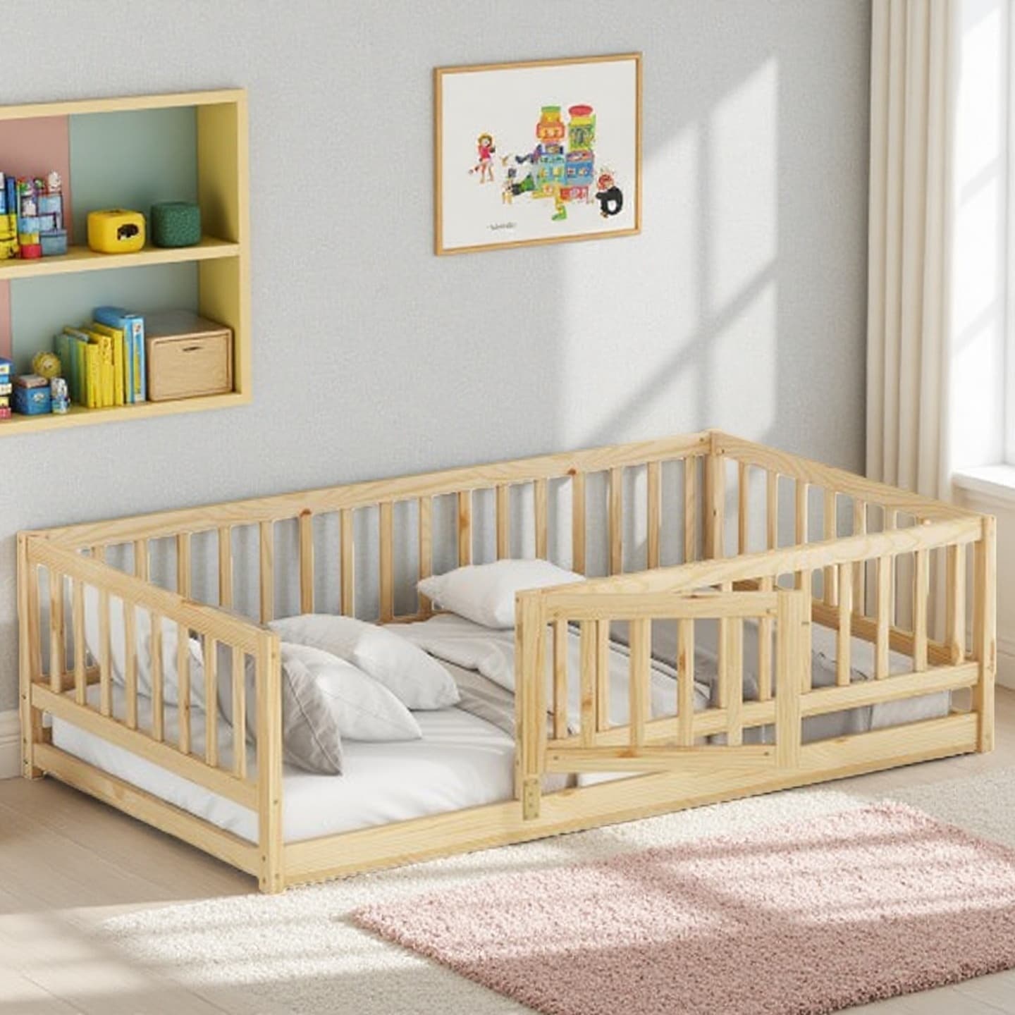 Full-Size Montessori Floor Bed for Kids with Safety Fence and Door, Solid Wood Frame, Slatted Platform, Oak Finish