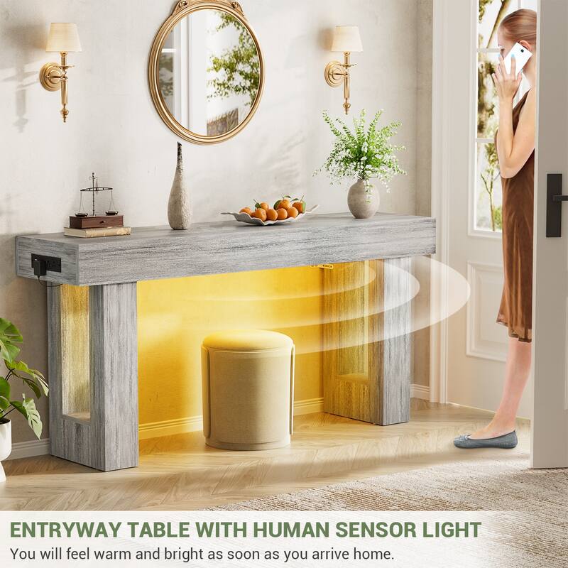 63'' Console Table with Motion Sensor Light and Charging Station, Modern Farmhouse Entryway Table