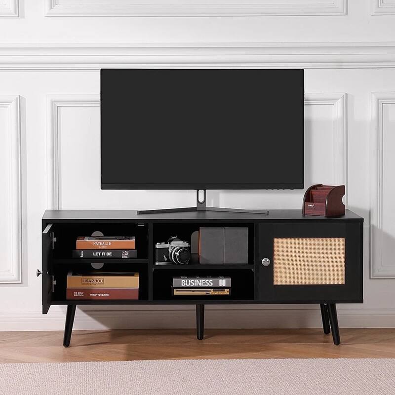 Rattan TV Stand for 55" Entertainment Center with Rattan Door Black - 47 inches in width