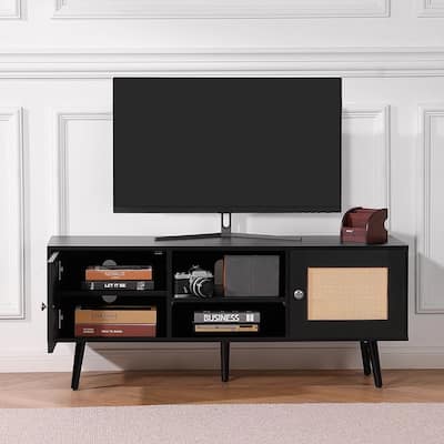 Rattan TV Stand for 55" Entertainment Center with Rattan Door Black - 47 inches in width