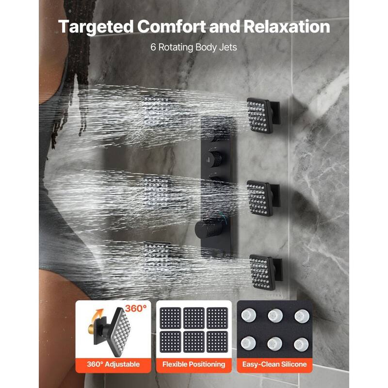 3-Function Thermostatic Shower System Matte Black with 16” Rain Shower and Body Massage Jets