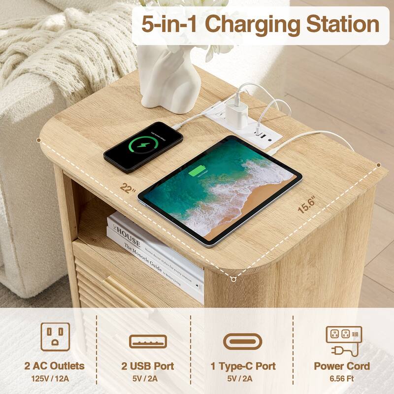 22" Fluted Night Stand with Charging Station, End Table with 2 Drawers & Open Storage, Side Tables Curved Profile Design