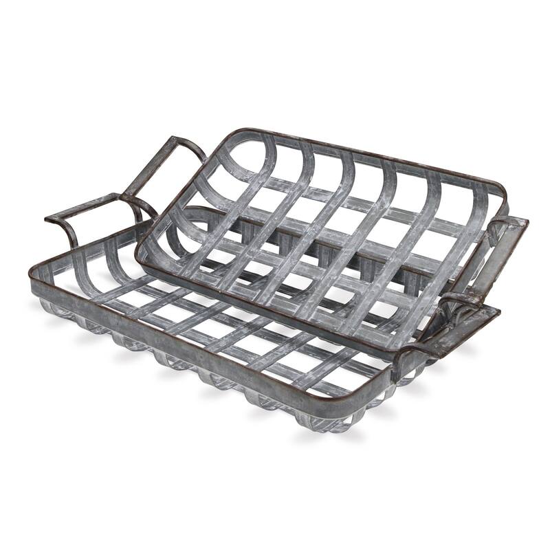 HomeRoots 23" Gray Rectangular Metal Handmade Tray With Handles