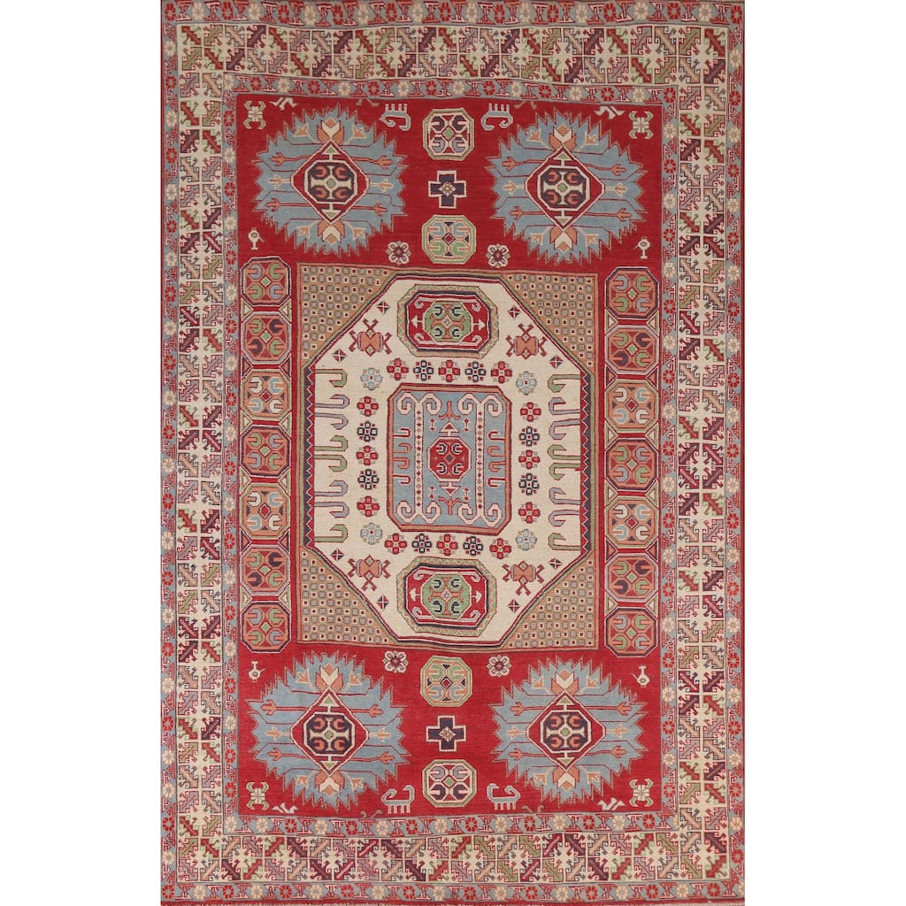 Hand Knotted Oriental 100% Wool Carpet Traditional Geometric Red Kazak Area Rug - 9' 7'' X 6' 4''