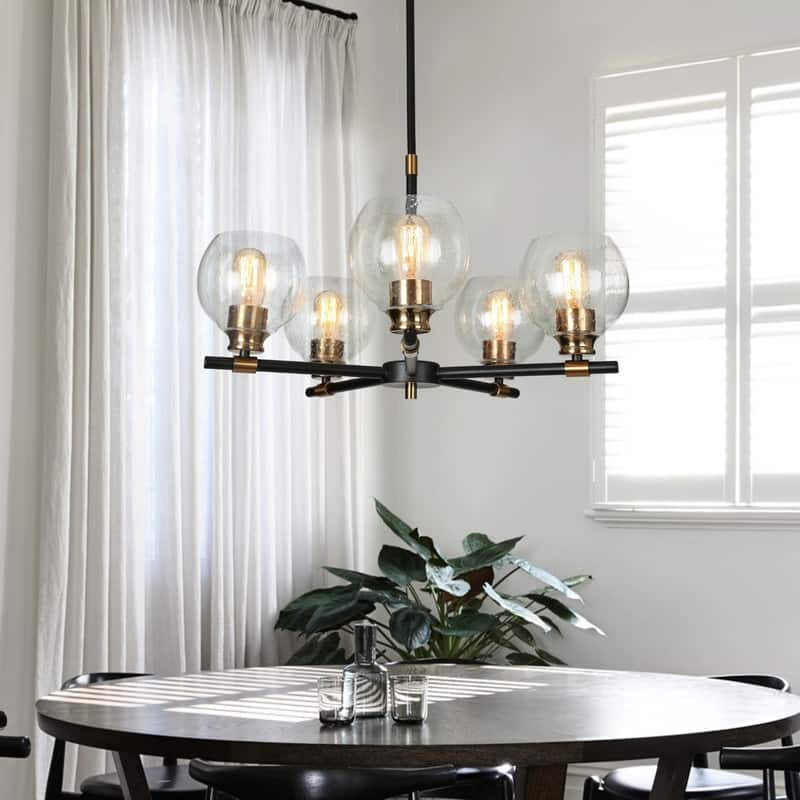 Mid-century Modern 5 Lights Chandeliers Marsie Orb Glass Upwards Ceiling Lights Wheel Black with Gold - D23.6" x H77"