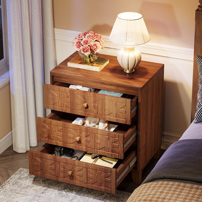 Nightstand Bedside Table with 3 Drawers and Elegant Patterns