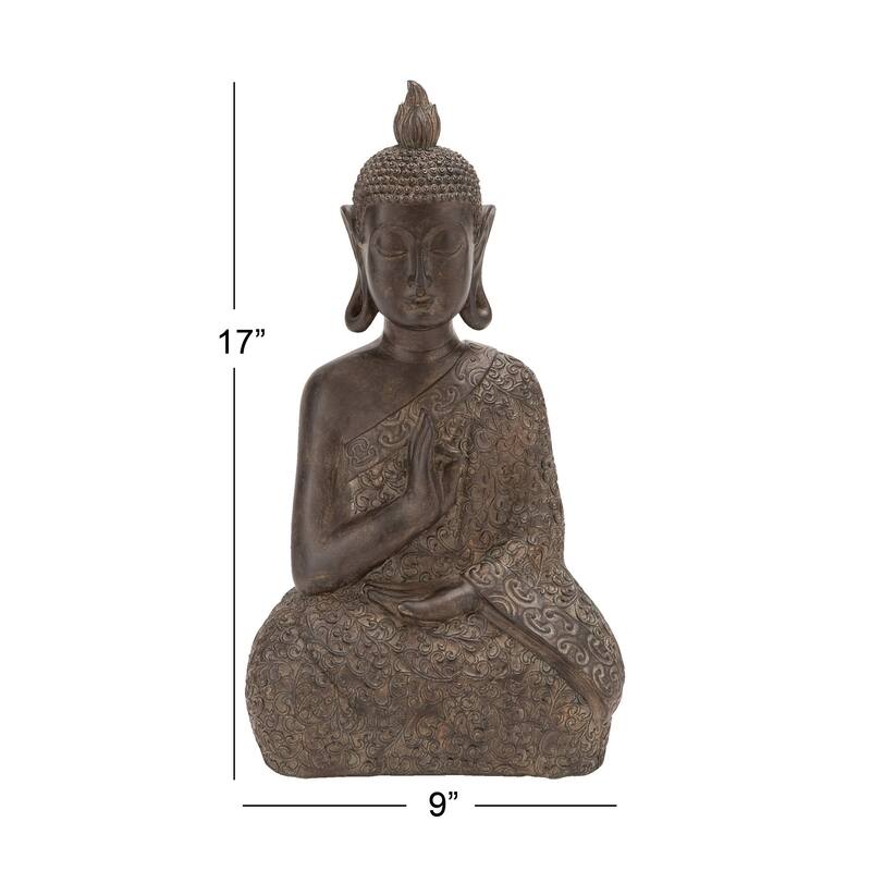 Brown Polystone Meditating Buddha Decorative Sculpture with Engraved Carvings and Relief Detailing