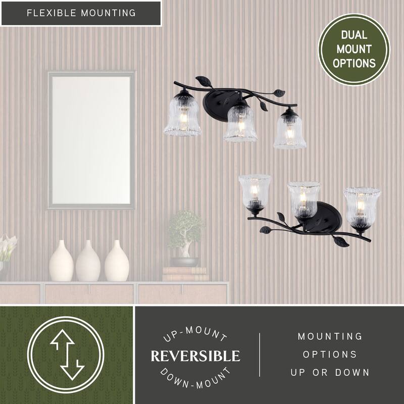 Fairwood 3-Light 21 in. Wide Black Rustic Bathroom Vanity Wall Lighting, Clear Glass Shade, Dimmable, LED Compatible