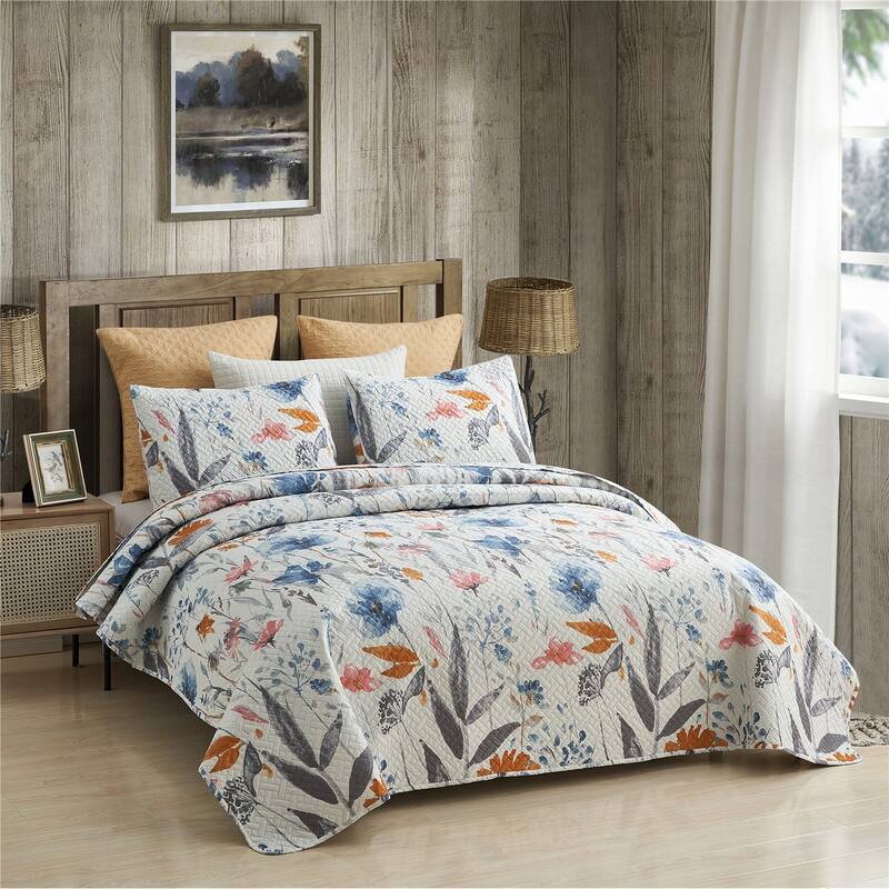 3-PC Quilt Set Patriotic Americana Stars and Plaid Patchwork Blanket with 2 Shams - Plant - King