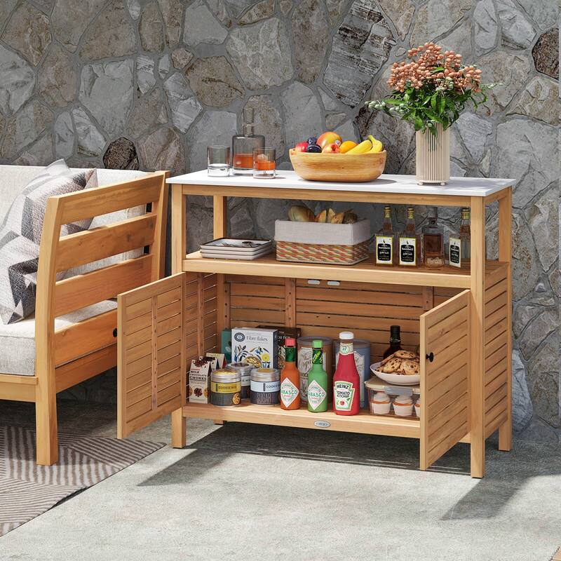 Costway Patio Wood Storage Cabinet with Marble-Like Countertop, Open - See Details