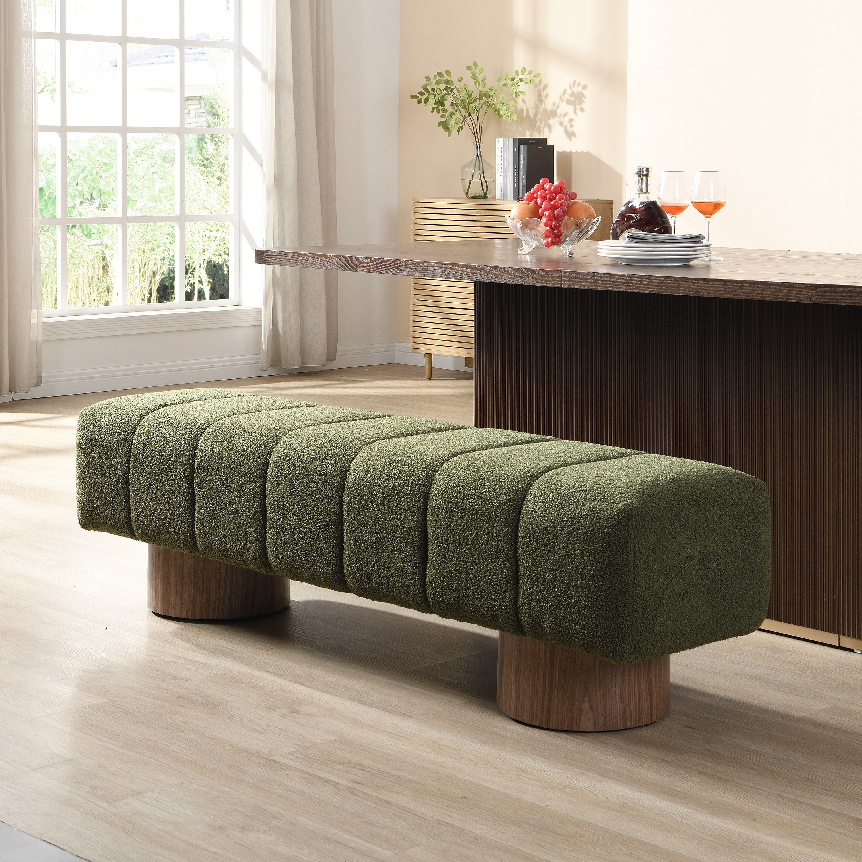 Green Boucle Upholstered Dining Bench with 300lbs Capacity for Entryway