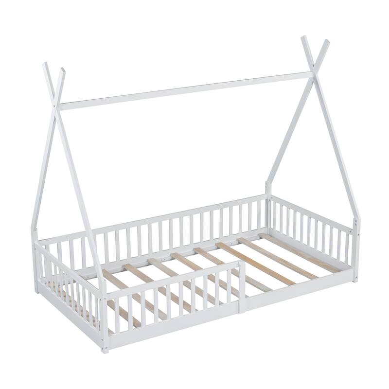 Twin Size Wood House Bed with Fence