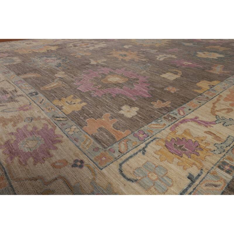 Vegetable Dye Oushak Turkish Rug Hand-Knotted Brown Wool Carpet - 9'2"x 11'10"