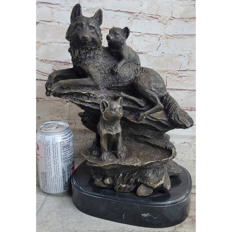 Family Of Wolves Mother Imitative Wolf Cubs Pups Bronze Statue Sculpture Decor Marble Base